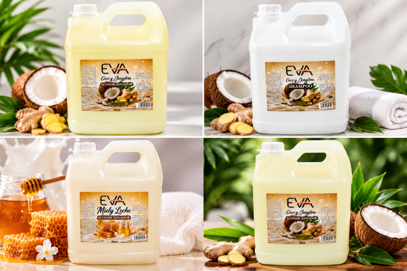 Shampoo Et Rinse Eva 2,5 gal ( Miely Leche,Subila y olivia, Coco y jengibre)